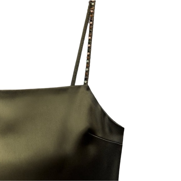 NWT ZARA Olive Sage Green Satin Midi Slip Dress Beaded Spaghetti Straps Women XS - Picture 12 of 16